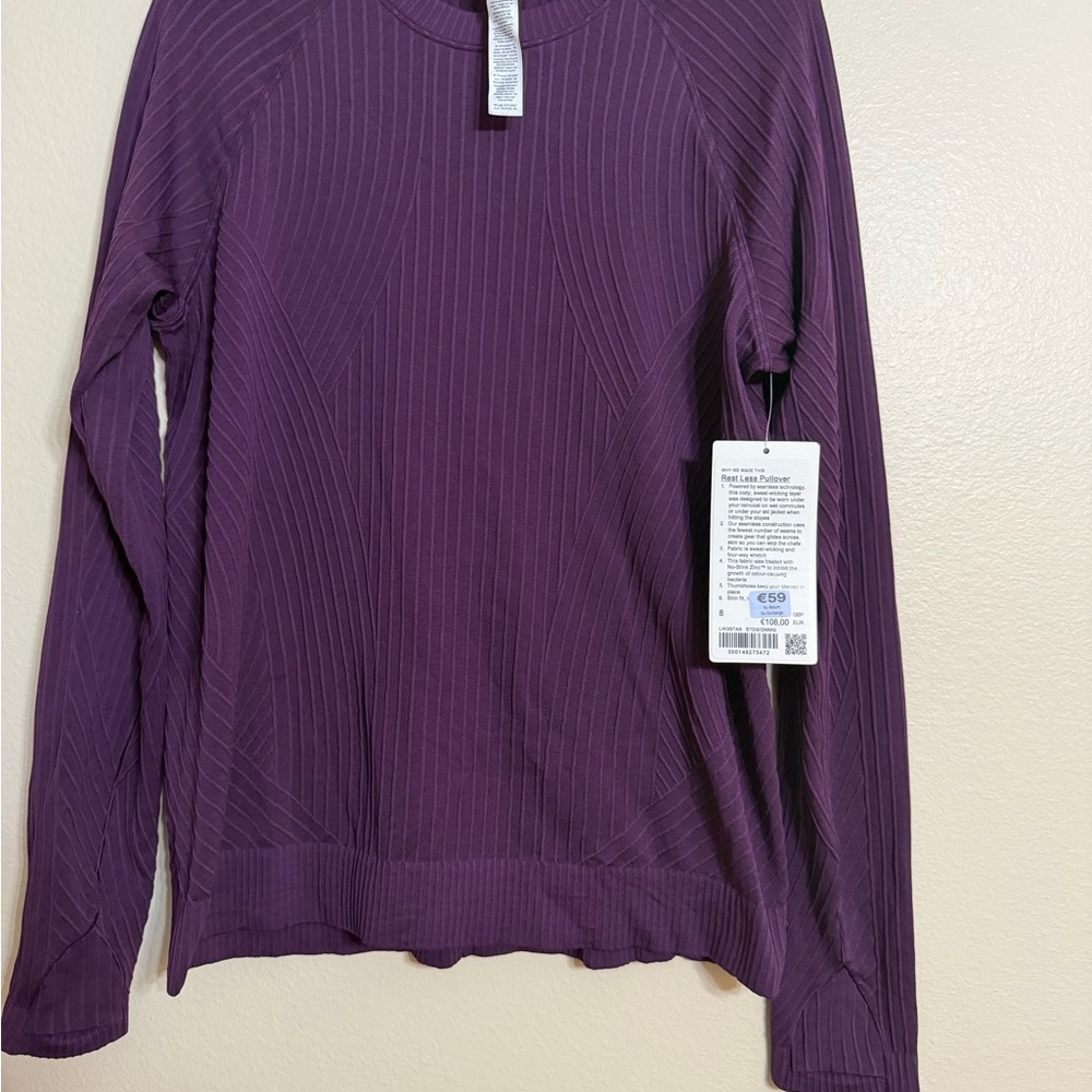 Lululemon Rest Less Pullover Ribbed Long Sleeve Top Purple Size 8 NWT